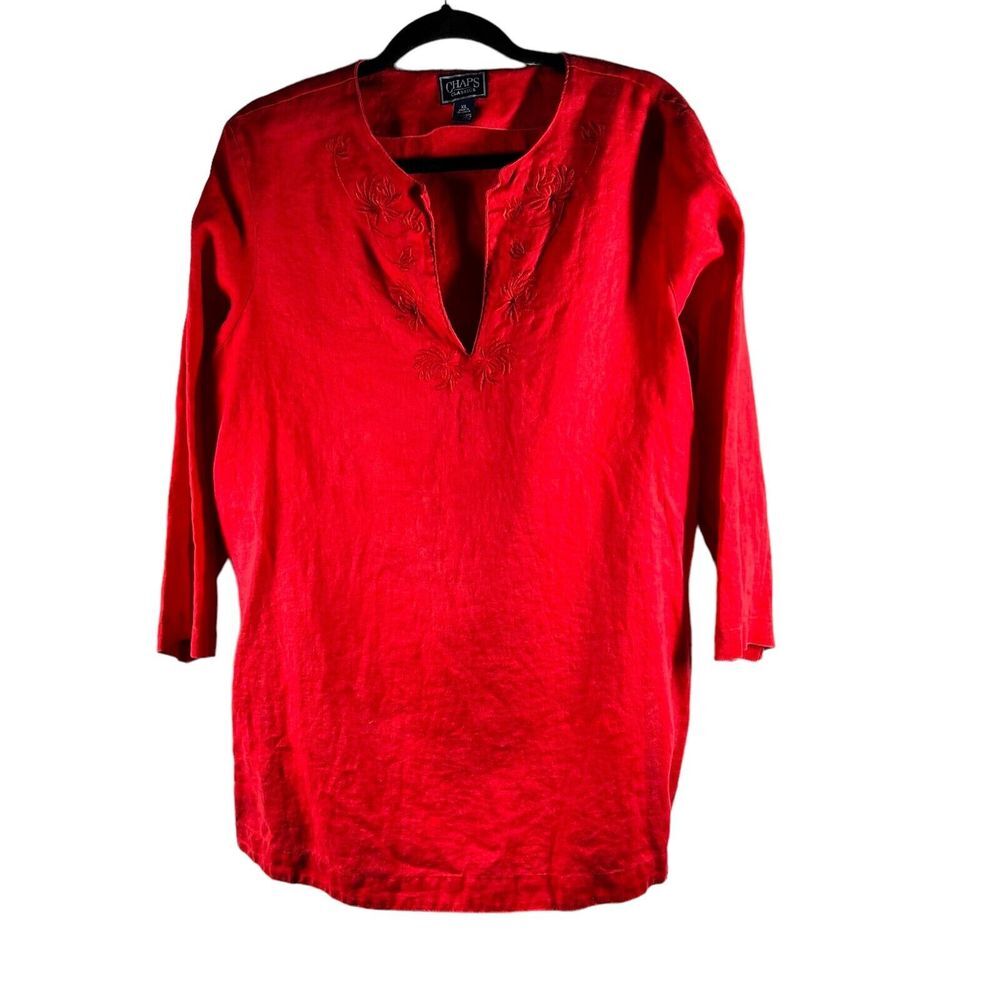 Chaps Classics Blouse Tunic Women's‎ Size XL Pullover Red  V-Neck Linen